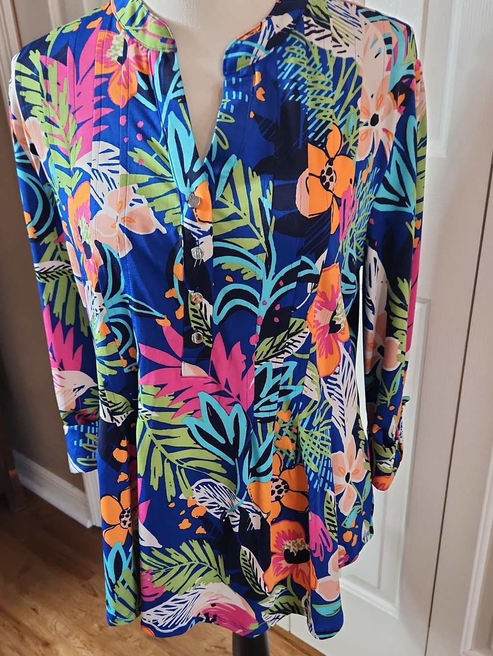Tropical Floral Split-Neck Tunic Top - Blue Multi